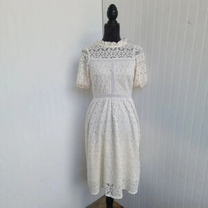 MONTEAU Los Angeles Womens Short Sleeve Cream Ivory Lace Dress Midi sz S